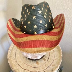 Patriotic Straw Cowboy Hat with Star Stud Trim - Red, Blue, Gold